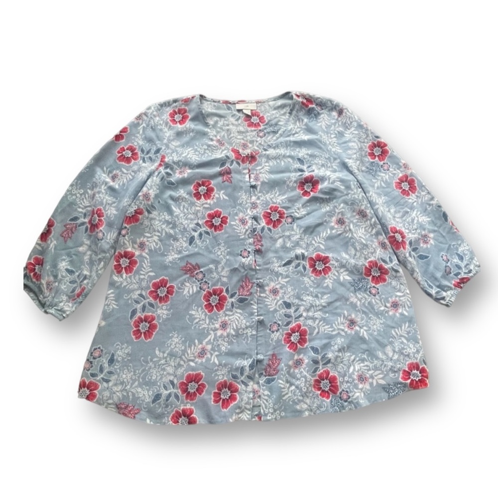 J.Jill Blue/Red Floral Print Button Down Blouse Sz Small Office Business Casual